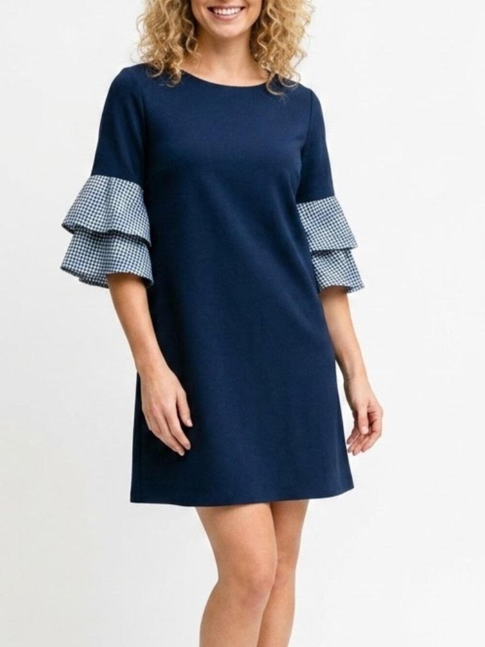 Jessica Howard Shift Dress Size 12P Navy Blue White Gingham Ruffled 3/4 Sleeves
